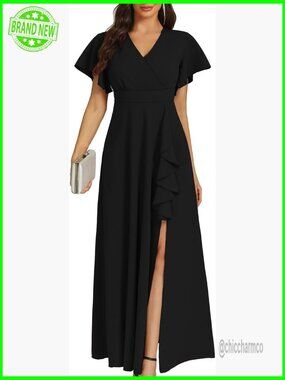 Long Formal Dress Ruffle Sleeve V Neck Split Hem Elegant Gown